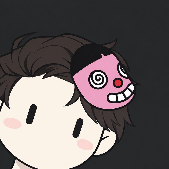A character with brown hair and a serene expression wears a pink half-mask featuring spiral designs and a wide grin, with the dark background reinforcing the "Gm legends" greeting's cryptic, cryptic meme-style tone.