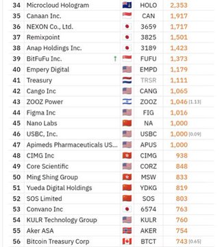 A leaderboard ranking companies by holdings including Microcloud Hologram (HOLO, 2,353), Canaan Inc. (CAN, 1,917), NEXON Co., Ltd. (3,659), Remixpoint (3,825), Anap Holdings (3,189), BitFuFu (FUFU, 1,373), and Empery Digital (EMPD, 1,179).
