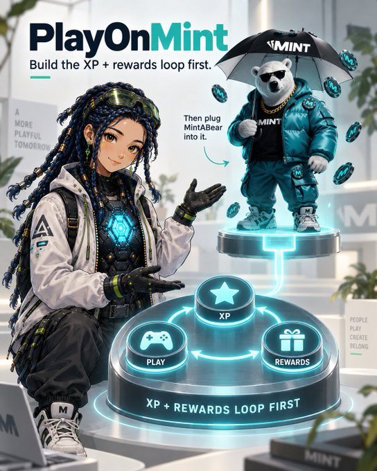 A promotional graphic for PlayOnMint featuring an anime-style character and a polar bear mascot holding a Mint-branded umbrella, with text "Build the XP + rewards loop first" and labels for PLAY, XP, and REWARDS.