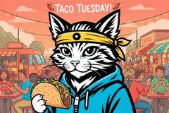 A colorful illustration of a gray tabby cat wearing a yellow headband and blue hoodie holding a taco, with 'Taco Tuesday!' written above against a market background.