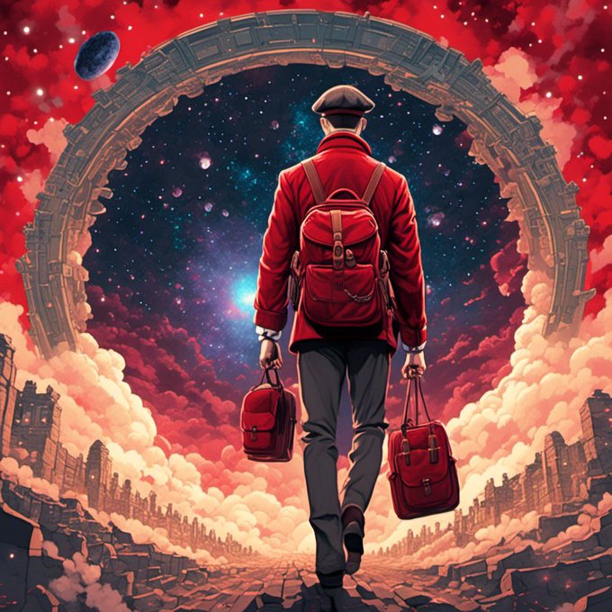 An anime-style illustration of a figure in a red jacket and beret carrying bags, standing before a cosmic portal framed by a mechanical ring, with ruined city silhouettes and red clouds below.