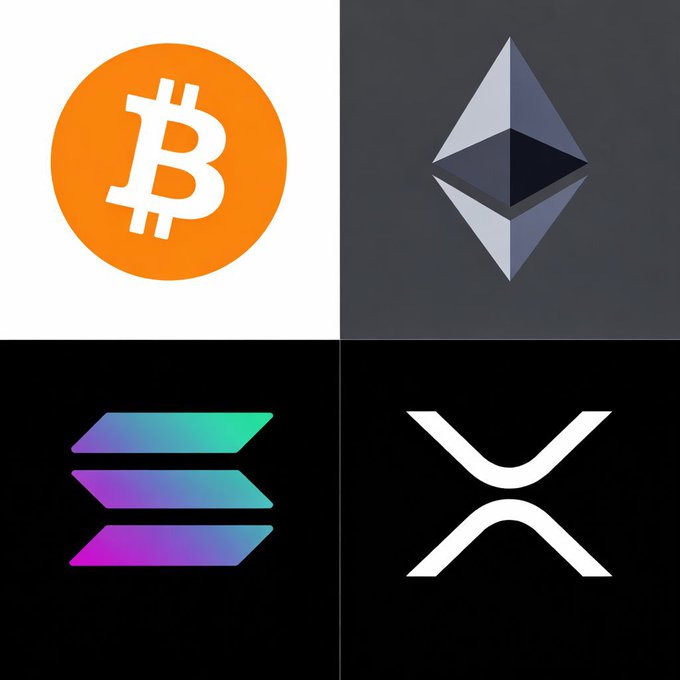 The image shows the logos of four major cryptocurrencies—Bitcoin (BTC), Ethereum (ETH), Solana (SOL), and XRP—arranged in a grid. It illustrates XRP alongside other leading digital assets, contextualizing the post about whales accumulating 2.8% more XRP coins over the past five weeks.