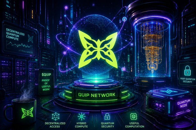 A futuristic neon-lit digital environment showcases the **QUIP Network** logo at its center, surrounded by holographic displays labeled "DECENTRALIZED QUANTUM COMPUTE," "$QUIP PROOF OF USEFUL WORK," "POST-QUANTUM SECURITY," and "QUANTUM NODE," along with icons highlighting **Decentralized Access, Hybrid Compute, Quantum Security, and Useful Computation**. The image visually captures the post's theme of $QUIP redefining blockchain utility by transforming energy into productive, useful work through advanced quantum-era infrastructure.
