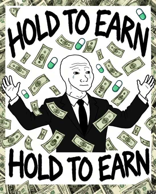 The image features the classic Wojak character in a suit with raised hands, surrounded by falling dollar bills and pills, with the text "HOLD TO EARN" displayed prominently at the top and bottom. The meme visually reinforces the post's message about the $WOJAK token's new Holder Rewards program, using the familiar "hold" Wojak imagery to illustrate how holding tokens now generates passive rewards, with more holdings equating to greater earnings depicted by the abundant cash showering the figure.