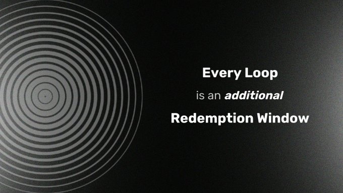 Minimalist black slide with concentric circles on the left and the text 'Every Loop is an additional Redemption Window'.