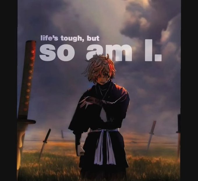 The image features a man dressed in traditional Japanese clothing standing in a field with swords, surrounded by other swords of various sizes. The man appears to be posing for the photo while holding one of the swords. The background includes a cloudy sky and grassy area, creating an atmosphere reminiscent of a historical or fantasy setting. The post is titled "Life's Tough, but So Am I."