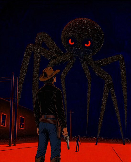 A dark, atmospheric illustration of a cowboy with a revolver facing a giant, shadowy spider-like creature with glowing red eyes in a desolate nighttime setting.
