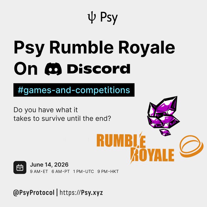 The image features a poster for a video game called "Psy Rumble Night" that takes place on June 14, 2026 at 9 AM ET. The poster also mentions that there will be a competition where players can win up to 15 USDT each by completing certain tasks or challenges within the game. The main focus of the post is to promote the game and encourage people to participate in it.