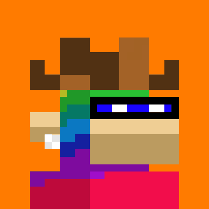A pixel-art character on an orange background, styled like a Minecraft skin with brown hair, a green and blue shirt, and purple/red pants.