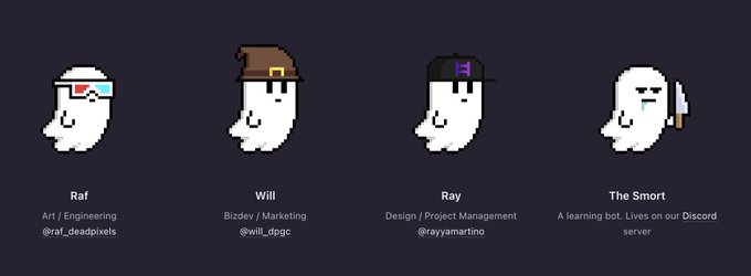 A pixel art illustration showing four character sprites from the Dead Pixels Club team: Raf (@raf_deadpixels), Will (@will_dgpc), Ray (@rayymartino), and "The Smort" — a learning bot living on the Discord server. The image relates to the post as a playful team introduction ahead of the Austin on-site meeting, with "The Smort" being the mischievous bot referenced in the caption.