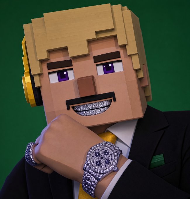 3D rendered blocky character with blonde hair and diamond-encrusted grill and watches, wearing a black suit with a yellow tie against a green background.