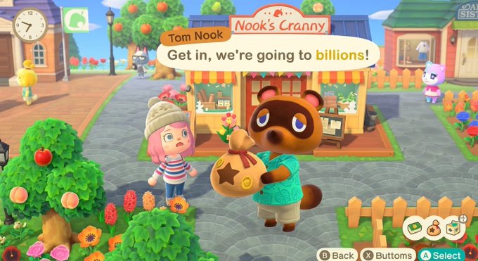 Screenshot from the video game Animal Crossing: New Horizons showing the character Tom Nook saying 'Get in, we're going to billions!' with 'Nook's Cranny' visible in the background.