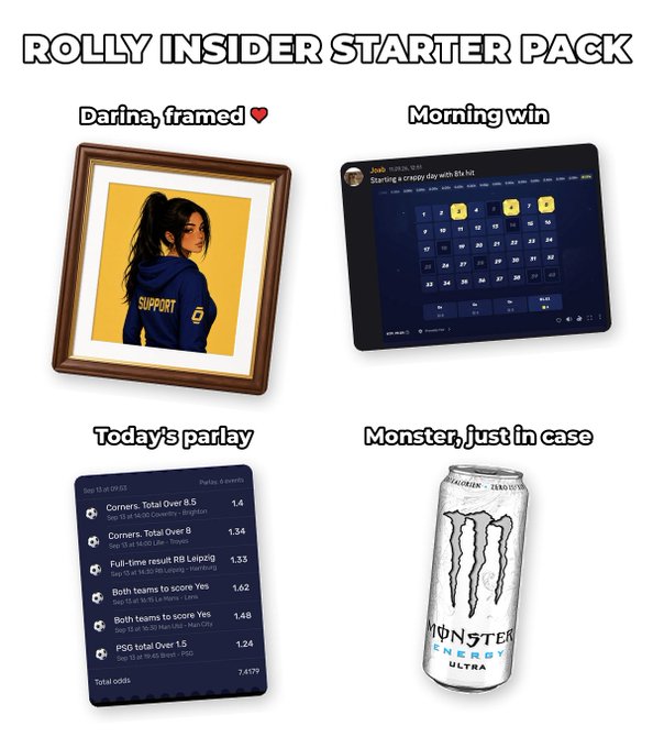 A 'ROLLY INSIDER STARTER PACK' meme showing a framed picture of 'Darina', a calendar marking 'Morning win', a betting parlay, and a Monster Energy Ultra can.
