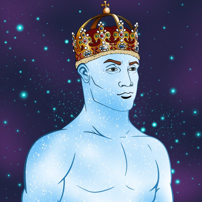 A digital illustration depicts a blue, starry-skinned humanoid figure wearing an ornate red and gold royal crown topped with a cross, set against a cosmic purple background filled with glowing stars.