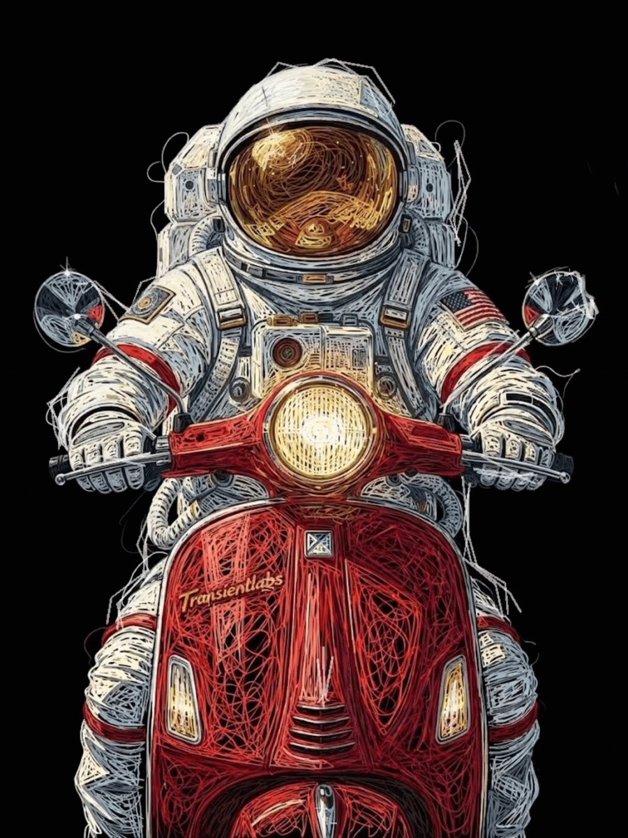 An astronaut in a spacesuit riding a red Vespa scooter, rendered in a sketch-like scribble art style with a golden reflective visor, featuring the text "Transientlabs" on the scooter's front and an American flag patch on the suit—visually tying into the announcement of a new Transient Labs NFT drop.