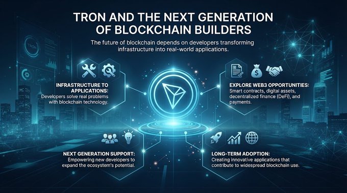A futuristic blue-toned infographic titled "TRON AND THE NEXT GENERATION OF BLOCKCHAIN BUILDERS" featuring the TRON logo at the center, surrounded by four interconnected sections highlighting infrastructure applications, Web3 opportunities, next-generation support, and long-term adoption. The visual reinforces the post's message about TRON empowering developers to transform blockchain infrastructure into real-world decentralized applications and smart contracts.