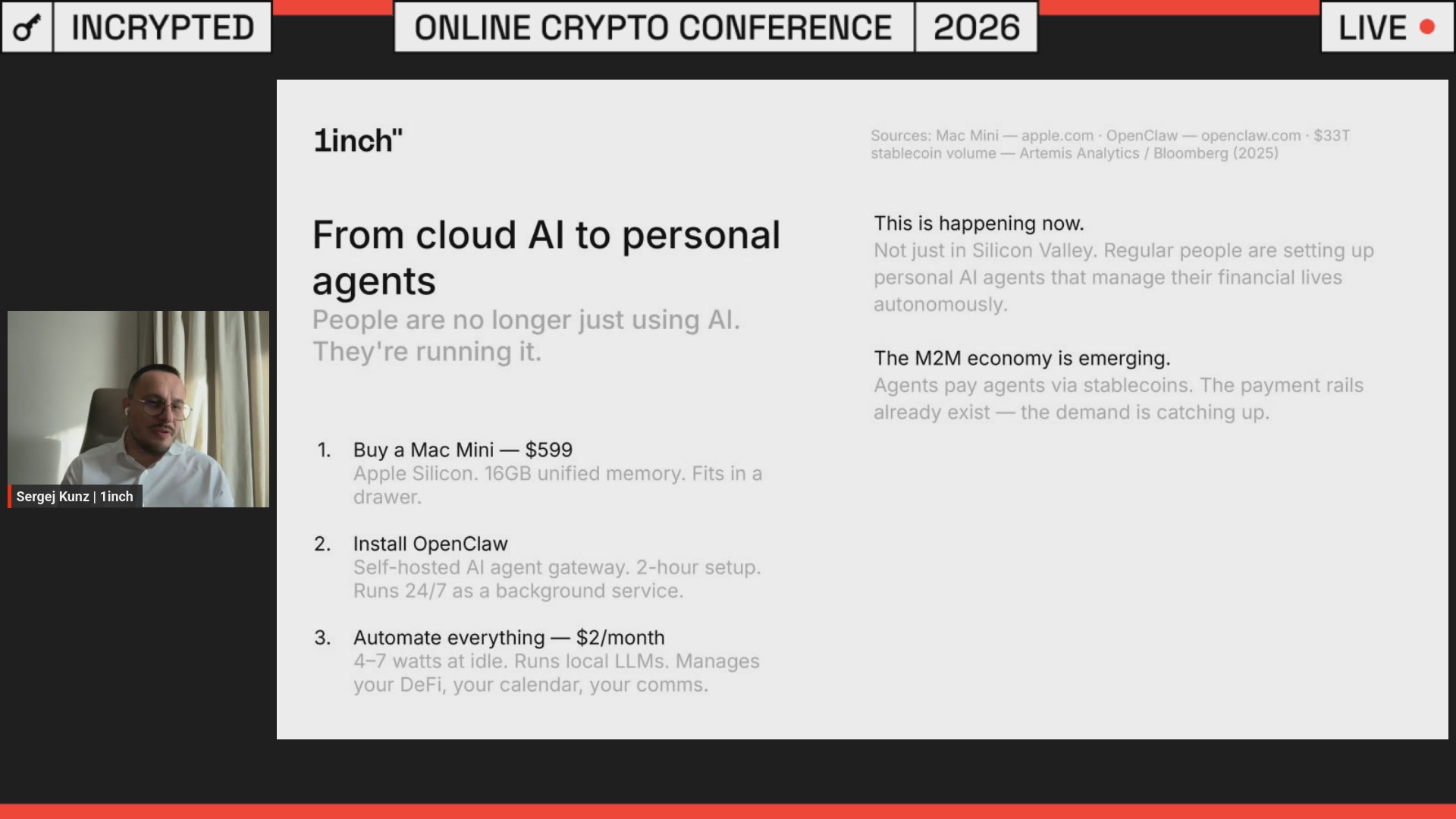 The image shows a man sitting behind a computer screen, with a presentation slide displayed on his monitor. The slide has text that reads "From cloud AI to personal agents no longer using AI they're running it", indicating an interesting topic being discussed at the conference. The image also includes a caption about Sergej Kunz and the event happening online.