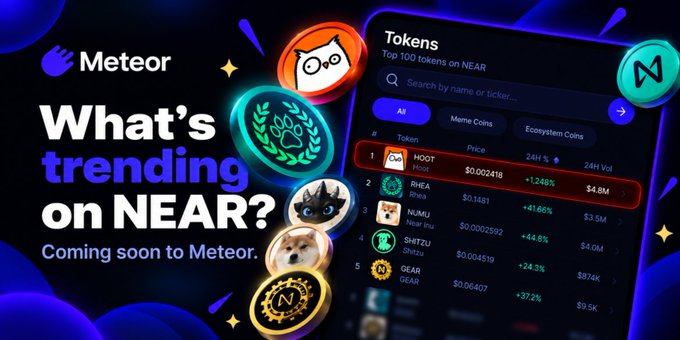 The image is a promotional graphic for Meteor, featuring the bold text "What's trending on NEAR?" alongside a preview of a token discovery interface that lists trending tokens including HOOT (Meteor), RHEA, NUMU, SHITZU, and GEAR, with HOOT showing a +1,248% 24-hour price change. The graphic aligns with the accompanying post by teasing Meteor's upcoming integrated token discovery feature, which will let users explore trending tokens like those shown directly within their wallet on the NEAR ecosystem.