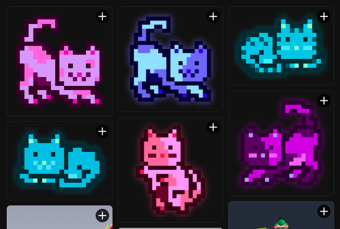 A collection of pixel art cat stickers in various colors including pink, blue, teal, and purple, displayed in a grid layout with plus icons for adding them.