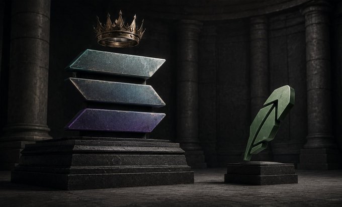 A golden crown hovers above stacked, glittering tablets labeled with Solana's branding (referencing $BONK, $WIF, $POPCAT, $MEW, $PENGU, and $TRUM) on a dark stone pedestal, while a smaller green Robinhood logo sits off to the side on its own plinth—visually depicting Solana as the reigning "King of Memes" over Robinhood.