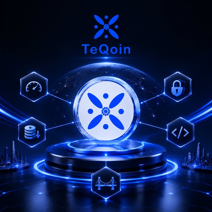A blue promotional graphic for 'TeQoin' cryptocurrency featuring a glowing coin logo surrounded by hexagonal icons for speed, security, data, code, and a Golden Gate Bridge symbol.