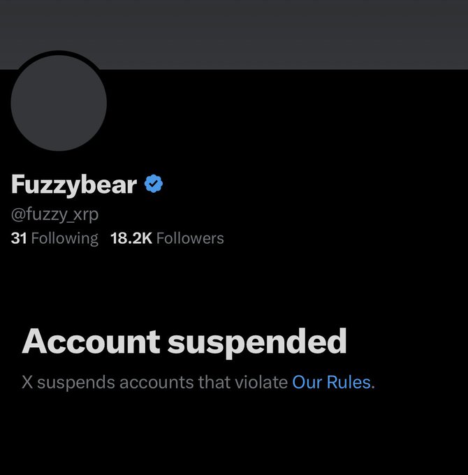 A screenshot of a suspended X (Twitter) account for 'Fuzzybear' (@fuzzy_xrp) with 18.2K followers, displaying the message 'Account suspended. X suspends accounts that violate Our Rules.'