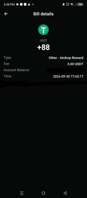 A mobile screenshot showing a 'Bill details' transaction confirmation for +88 USDT, categorized as 'Other - Airdrop Reward' with a timestamp of 2026-09-30 17:45:17.