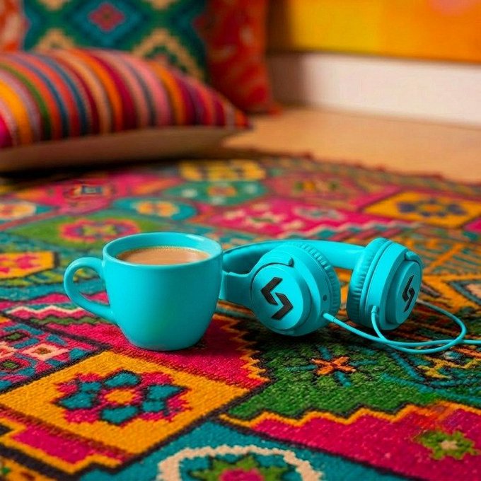 A vibrant, colorful scene featuring a turquoise coffee cup and matching teal headphones resting on a brightly patterned multicolored textile, with striped pillows in the background.