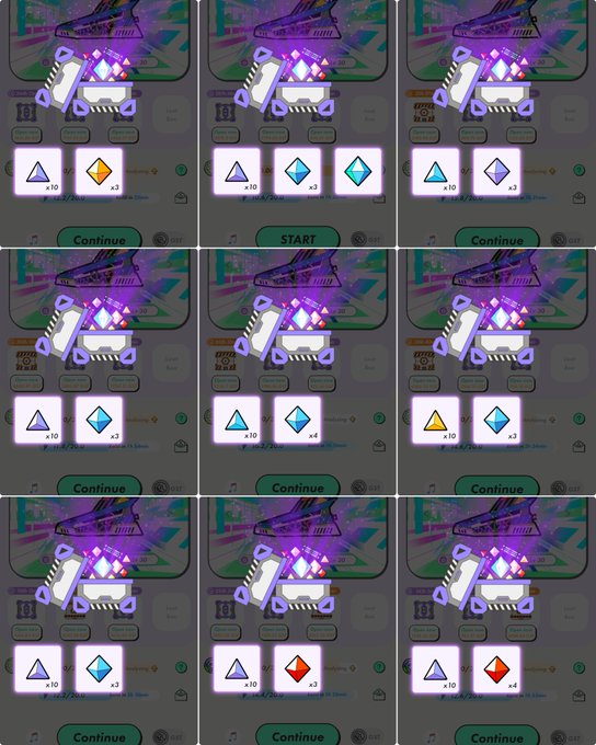 Grid of nine game screenshots showing gem/token reward screens with triangular and diamond shapes in purple and blue colors with 'Continue' buttons.