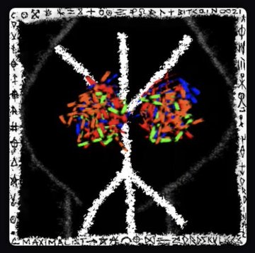 An abstract digital artwork featuring two colorful cluster formations resembling faces or hearts connected by white lines forming an X pattern, surrounded by a border of various symbols and runes.