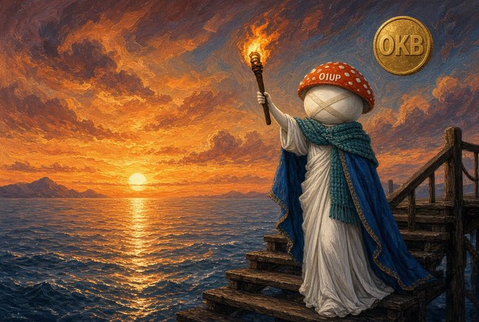 A fantasy digital painting of a white-cloaked figure wearing a red mushroom cap labeled "011P" and an X over its face, holding a lit torch while standing on wooden steps by the sea at sunset, with an "OKB" coin/gold seal in the upper right corner.
