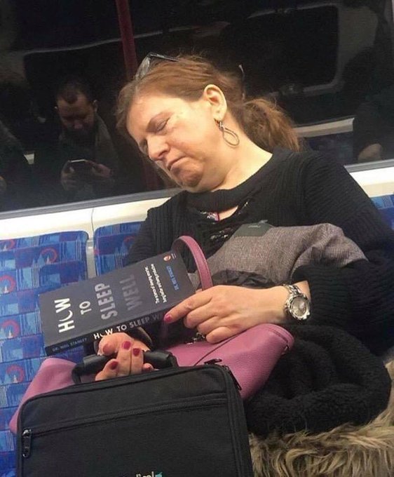 A woman sits on a bus or train reading a book titled 'HOW TO SLEEP WELL' by Dr. Neil Stanley, with another passenger visible looking at a phone in the background.