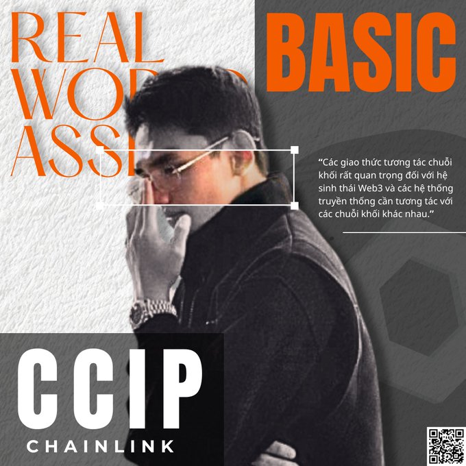 Promotional graphic for Chainlink (CCIP) featuring a man in glasses and a black turtleneck, with text 'REAL WORLD ASSETS' and 'BASIC' overlaid in orange and white.