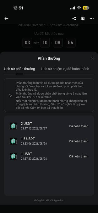 A Vietnamese-language app screenshot showing a rewards history (Phần thưởng) with completed USDT payouts of 2, 1.5, and 1 USDT dated August 26-27, 2026.