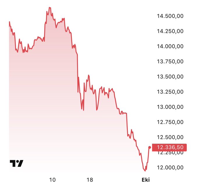 A financial chart showing a downward trend with values ranging from 12,000.00 to 14,500.00, ending at 12,336.50, with Turkish 'Eki' (October) on the x-axis.