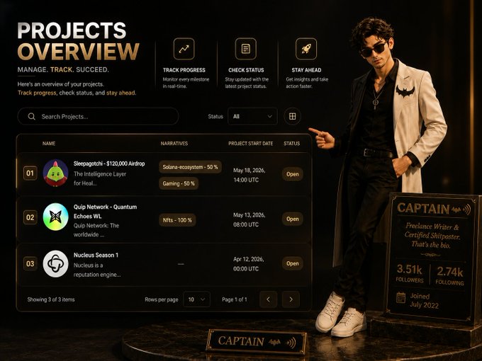 The image features a man standing next to a sign that says "Projects Overview" with a list of campaigns available for download, including one named "Sleeping on @NucleusCodes campaigns?". The man appears to be wearing sunglasses and is pointing at the projects overview page.
