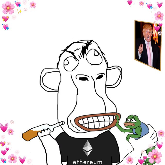 A 'soyjaks pointing at a wojak' meme featuring an ape-like character brushing its teeth wearing an Ethereum shirt, with a small Pepe the Frog on its shoulder and a picture of Donald Trump in the corner, decorated with pink hearts and flowers.