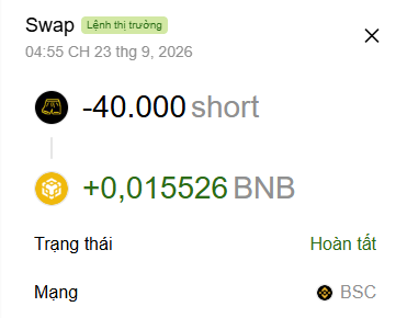 The image shows a completed "Swap" transaction on the BSC network, recording a short position of -40,000 and a gain of +0.015526 BNB. It illustrates the poster's claim of cashing in on a profitable trade worth nearly $100 from the swap.
