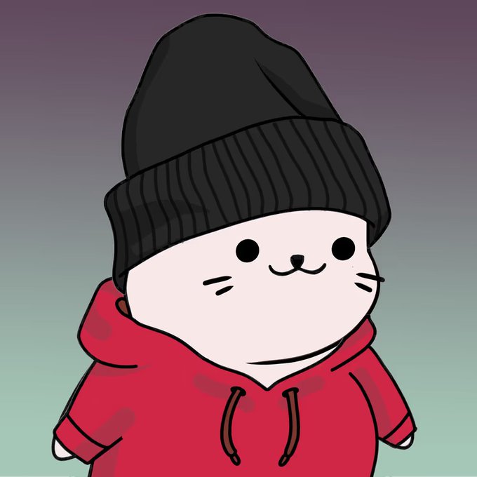 A digital cartoon drawing of a cute white cat wearing an oversized black beanie and a red hoodie, set against a muted green-gray gradient background.