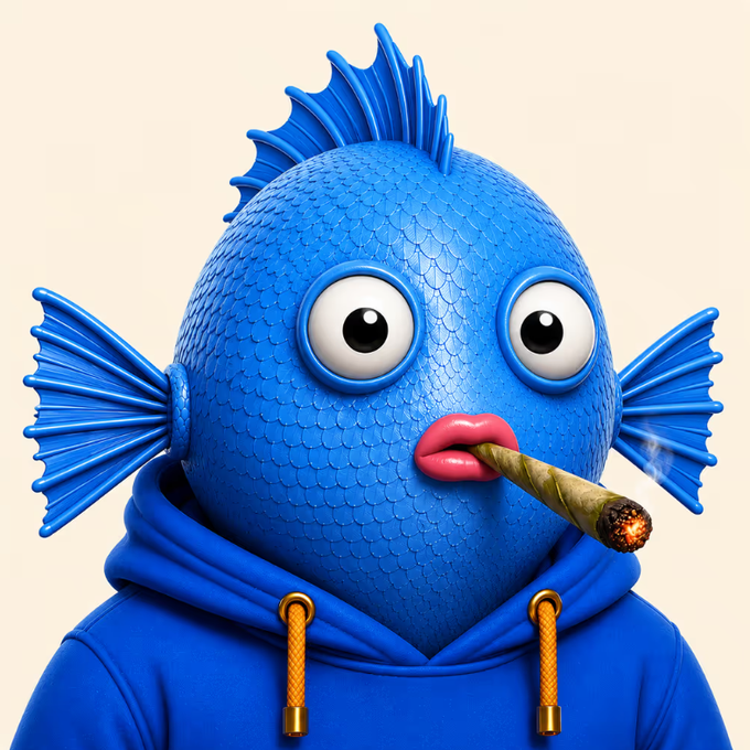 A 3D rendering of a cartoonish blue fish character with bulging eyes, pink lips, and a joint in its mouth, wearing a blue hoodie.