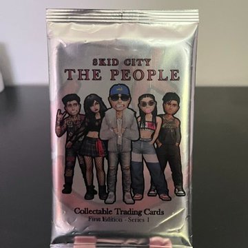 A silver foil pack of Skid City 'The People' Collectable Trading Cards, First Edition Series 1, featuring illustrated characters.