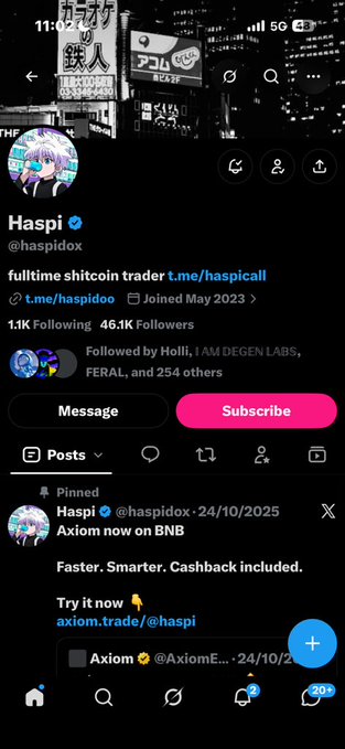 A Twitter profile page for Haspi (@haspidox), described as a 'fulltime shitcoin trader,' with a pinned tweet promoting 'Axiom now on BNB' dated 24/10/2025.