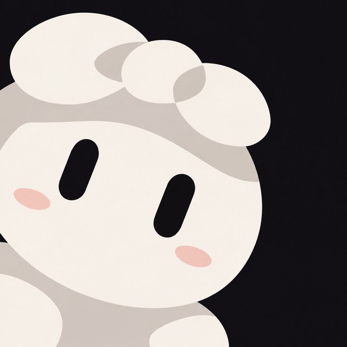 A minimalist white cartoon character with simple black oval eyes and pink blush marks, rendered against a black background.