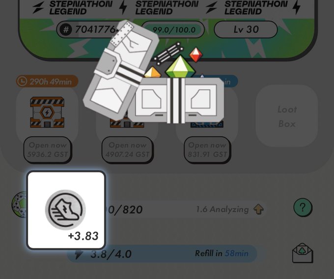StepNathon Legend event interface showing a level 30 runner with GST loot boxes and a +3.83 energy refill option.