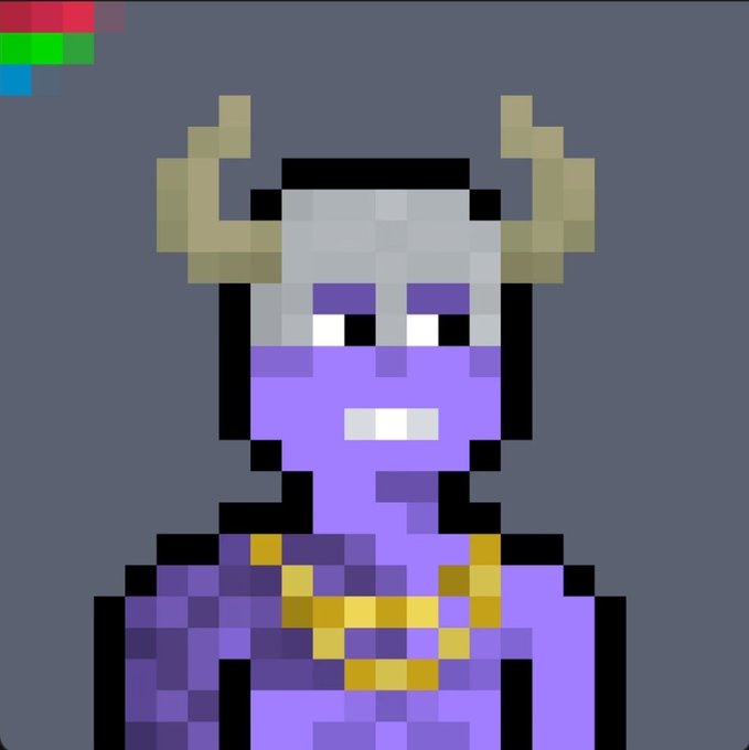 A pixel art portrait of a purple-skinned character with gray hair, yellow horns, and a gold chain necklace against a dark blue background.
