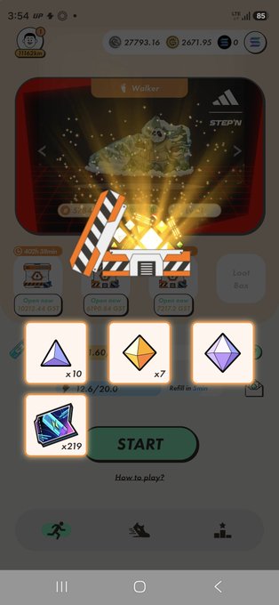 A screenshot of the STEPN mobile app showing a 'Walker' sneaker NFT in a Loot Box, with a 'START' button and various gem/inventory icons visible.