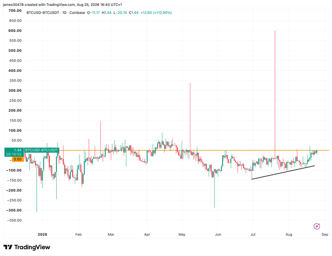 A TradingView daily candlestick chart for BTCUSD.BTCUSDT showing a 12.90% price increase to 20.74, featuring a black ascending trendline drawn from June to August 2026.