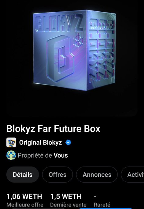 A mobile screenshot of an NFT marketplace listing for 'Blokyz Far Future Box' by 'Original Blokyz', showing a holographic cube, 'Propriété de Vous' ownership tag, priced at 1.06 WETH best offer with a 1.5 WETH last sale.