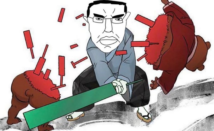 A stern-faced man with glasses wields a green bar (resembling a stock ticker) while being attacked by two bearish red creatures, with red downward candles and arrows surrounding him—visually depicting a brutal short attack or bear raid on the "$Rei'gi" stock.