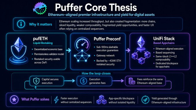 A diagram titled "Puffer Core Thesis" illustrates the three main components of Puffer's infrastructure: pufETH (Liquid Restaking), Puffer Preconf (a preconfirmation protocol with sub-300ms slashable execution guarantees backed by ~434K ETH), and the UniFi Stack (Based Appchains). The visual maps out how capital secures execution, execution generates fees, and those fees reinforce the Ethereum-aligned infrastructure, highlighting Puffer's solutions for faster execution, app-specific blockspace, and yield through aligned infrastructure.